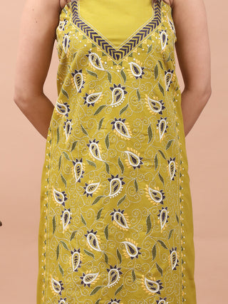 Olive Green Pure Cotton Kurta Fabric with Hand Kantha Embroidery