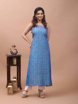Azure Blue Chanderi Silk Kurta Fabric with Hand Kantha Embroidery