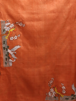 Mustard, Ivory & Rust Pure Tussar Silk Designer Saree with Kalamkari-Inspired Print & Hand Kantha Embroidery