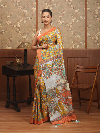 Mustard, Ivory & Rust Pure Tussar Silk Designer Saree with Kalamkari-Inspired Print & Hand Kantha Embroidery