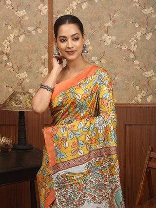 Mustard, Ivory & Rust Pure Tussar Silk Designer Saree with Kalamkari-Inspired Print & Hand Kantha Embroidery