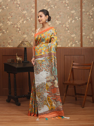 Mustard, Ivory & Rust Pure Tussar Silk Designer Saree with Kalamkari-Inspired Print & Hand Kantha Embroidery