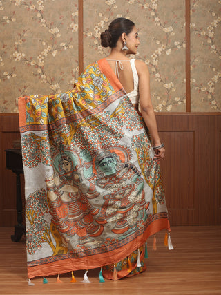 Mustard, Ivory & Rust Pure Tussar Silk Designer Saree with Kalamkari-Inspired Print & Hand Kantha Embroidery