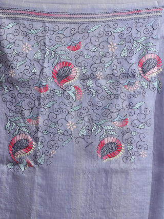 Mauvish Pink & Bluish Grey Half & Half Pure Tussar Silk Saree with Kantha Embroidery