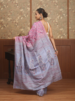 Mauvish Pink & Bluish Grey Half & Half Pure Tussar Silk Saree with Kantha Embroidery