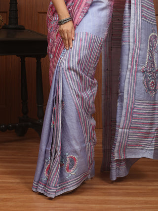 Mauvish Pink & Bluish Grey Half & Half Pure Tussar Silk Saree with Kantha Embroidery