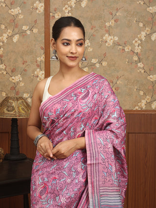 Mauvish Pink & Bluish Grey Half & Half Pure Tussar Silk Saree with Kantha Embroidery