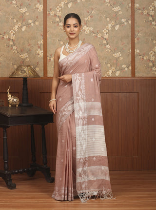 Dusty Rose Pure Cotton Bengal Jamdani Power Loom Saree