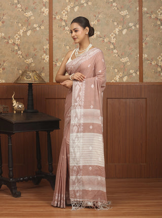 Dusty Rose Pure Cotton Bengal Jamdani Power Loom Saree