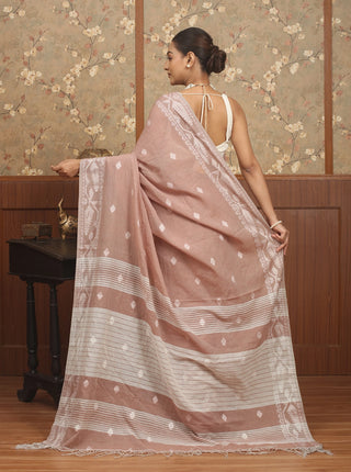 Dusty Rose Pure Cotton Bengal Jamdani Power Loom Saree