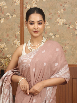 Dusty Rose Pure Cotton Bengal Jamdani Power Loom Saree