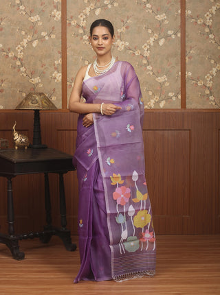 Lavender Purple Pure Muslin Silk Bengal Handloom Saree with Multicoloured Floral Jamdani Weaves