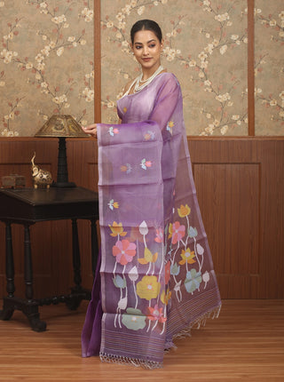 Lavender Purple Pure Muslin Silk Bengal Handloom Saree with Multicoloured Floral Jamdani Weaves