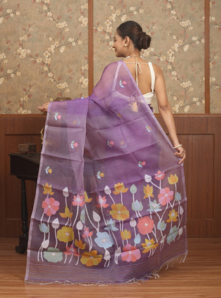 Lavender Purple Pure Muslin Silk Bengal Handloom Saree with Multicoloured Floral Jamdani Weaves