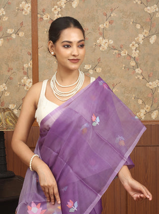 Lavender Purple Pure Muslin Silk Bengal Handloom Saree with Multicoloured Floral Jamdani Weaves