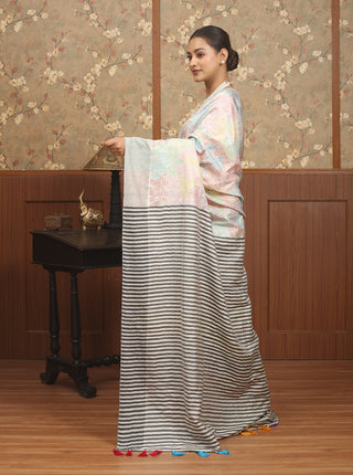 Ivory Pure Bishnupur Katan Silk Saree with Multicolour Kantha Embroidery & Black Striped Pallu
