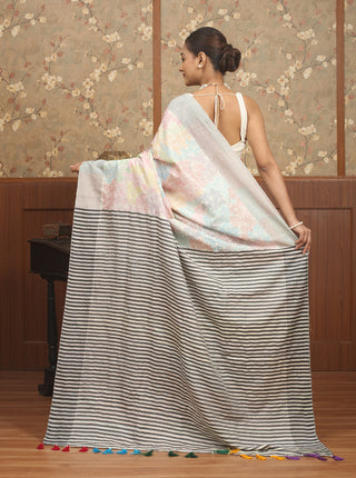 Ivory Pure Bishnupur Katan Silk Saree with Multicolour Kantha Embroidery & Black Striped Pallu