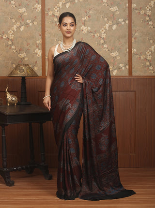 Deep Maroon & Black Modal Silk Ajrakh Hand Block Printed Saree