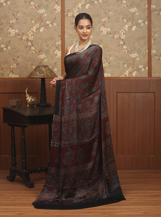 Deep Maroon & Black Modal Silk Ajrakh Hand Block Printed Saree