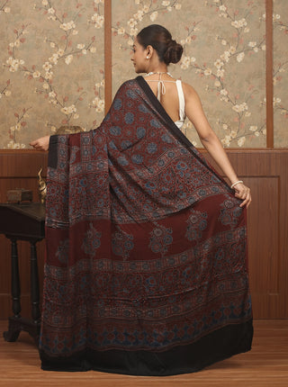 Deep Maroon & Black Modal Silk Ajrakh Hand Block Printed Saree