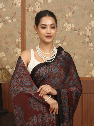 Deep Maroon & Black Modal Silk Ajrakh Hand Block Printed Saree
