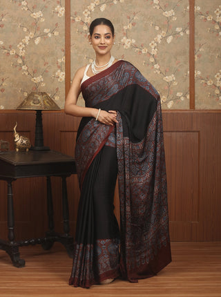 Black & Deep Maroon Modal Silk Ajrakh Hand Block Printed Saree