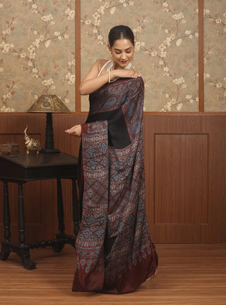 Black & Deep Maroon Modal Silk Ajrakh Hand Block Printed Saree