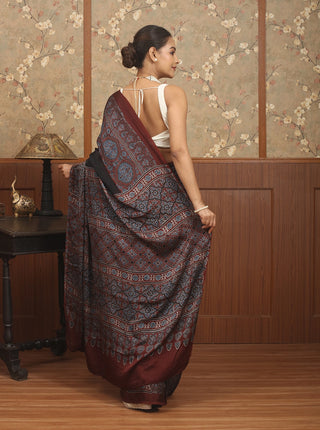 Black & Deep Maroon Modal Silk Ajrakh Hand Block Printed Saree