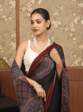 Black & Deep Maroon Modal Silk Ajrakh Hand Block Printed Saree
