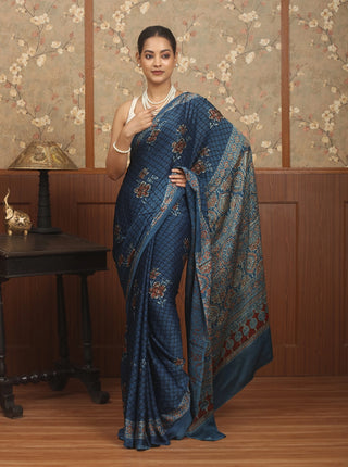 Indigo Blue Modal Silk Ajrakh Hand Block Printed Saree