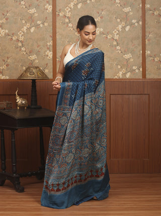 Indigo Blue Modal Silk Ajrakh Hand Block Printed Saree