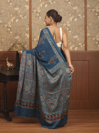 Indigo Blue Modal Silk Ajrakh Hand Block Printed Saree