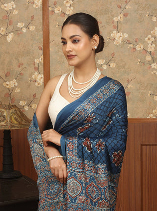 Indigo Blue Modal Silk Ajrakh Hand Block Printed Saree