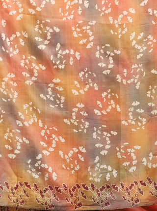 Coral-Sunset Pink Screen-Printed Tussar Silk Saree with Aari Highlights