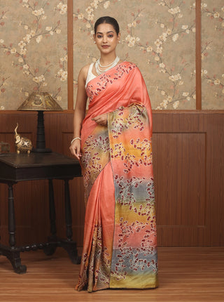 Coral-Sunset Pink Screen-Printed Tussar Silk Saree with Aari Highlights