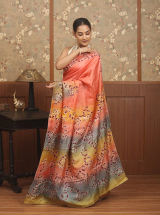 Coral-Sunset Pink Screen-Printed Tussar Silk Saree with Aari Highlights