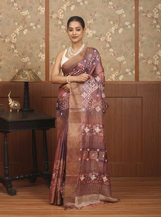 Mocha-Mauve Hand Batik & Hand Embroidered Tussar Silk Saree