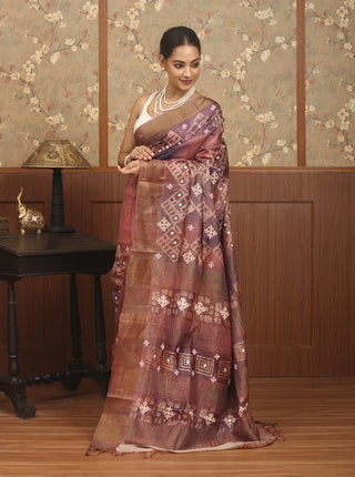 Mocha-Mauve Hand Batik & Hand Embroidered Tussar Silk Saree