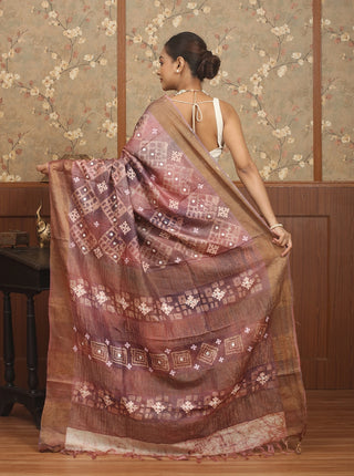 Mocha-Mauve Hand Batik & Hand Embroidered Tussar Silk Saree