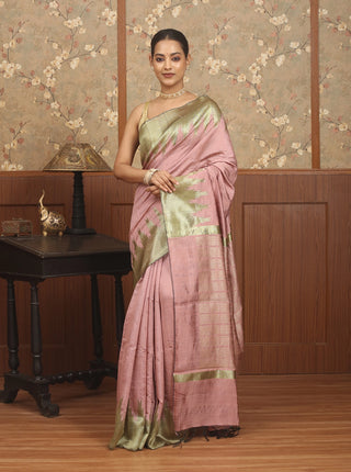 Dusty Rose & Antique Gold Chhattisgarh Raw Silk Saree with Temple Borders
