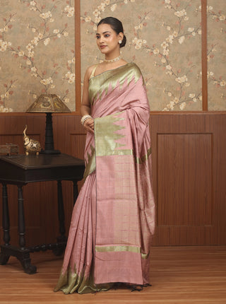 Dusty Rose & Antique Gold Chhattisgarh Raw Silk Saree with Temple Borders