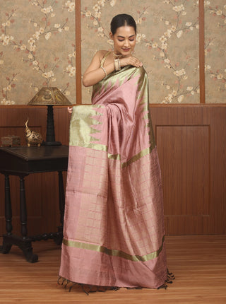 Dusty Rose & Antique Gold Chhattisgarh Raw Silk Saree with Temple Borders