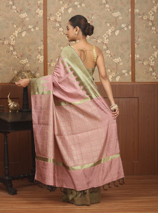 Dusty Rose & Antique Gold Chhattisgarh Raw Silk Saree with Temple Borders
