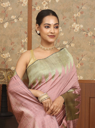 Dusty Rose & Antique Gold Chhattisgarh Raw Silk Saree with Temple Borders