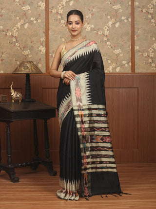 Black Chhattisgarh Raw Silk Saree with Ikkat & Temple Borders & Multicoloured Ikkat Woven Pallu