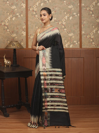 Black Chhattisgarh Raw Silk Saree with Ikkat & Temple Borders & Multicoloured Ikkat Woven Pallu