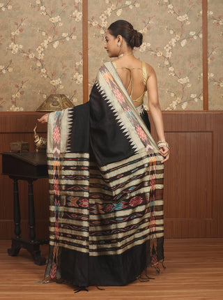 Black Chhattisgarh Raw Silk Saree with Ikkat & Temple Borders & Multicoloured Ikkat Woven Pallu