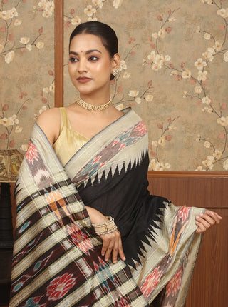 Black Chhattisgarh Raw Silk Saree with Ikkat & Temple Borders & Multicoloured Ikkat Woven Pallu