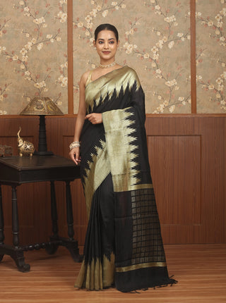 Black & Antique Gold Chhattisgarh Raw Silk Saree with Bold Temple Borders