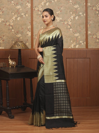 Black & Antique Gold Chhattisgarh Raw Silk Saree with Bold Temple Borders